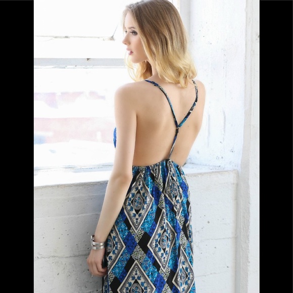 Blue Double Slit Lace Up Maxi Dress - Picture 3 of 10